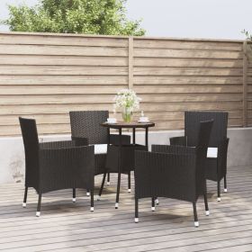 5 Piece Patio Bistro Set with Cushions Black Poly Rattan (color: Black)