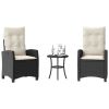 3 Piece Bistro Set with Cushions Black Poly Rattan