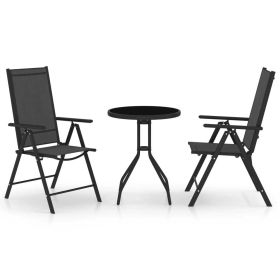 3 Piece Bistro Set Aluminum and Textilene Black (color: Black)