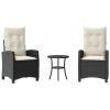 3 Piece Bistro Set with Cushions Black Poly Rattan