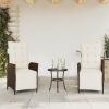 3 Piece Bistro Set with Cushions Brown Poly Rattan