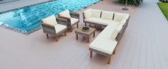 GO 9-Piece Patio Rattan Furniture Set, Outdoor Conversation Set With Acacia Wood Legs and Tabletop, PE Rattan Sectional Sofa Set with Coffee Table