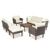 GO 9-Piece Patio Rattan Furniture Set, Outdoor Conversation Set With Acacia Wood Legs and Tabletop, PE Rattan Sectional Sofa Set with Coffee Table