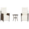 3 Piece Bistro Set with Cushions Brown Poly Rattan